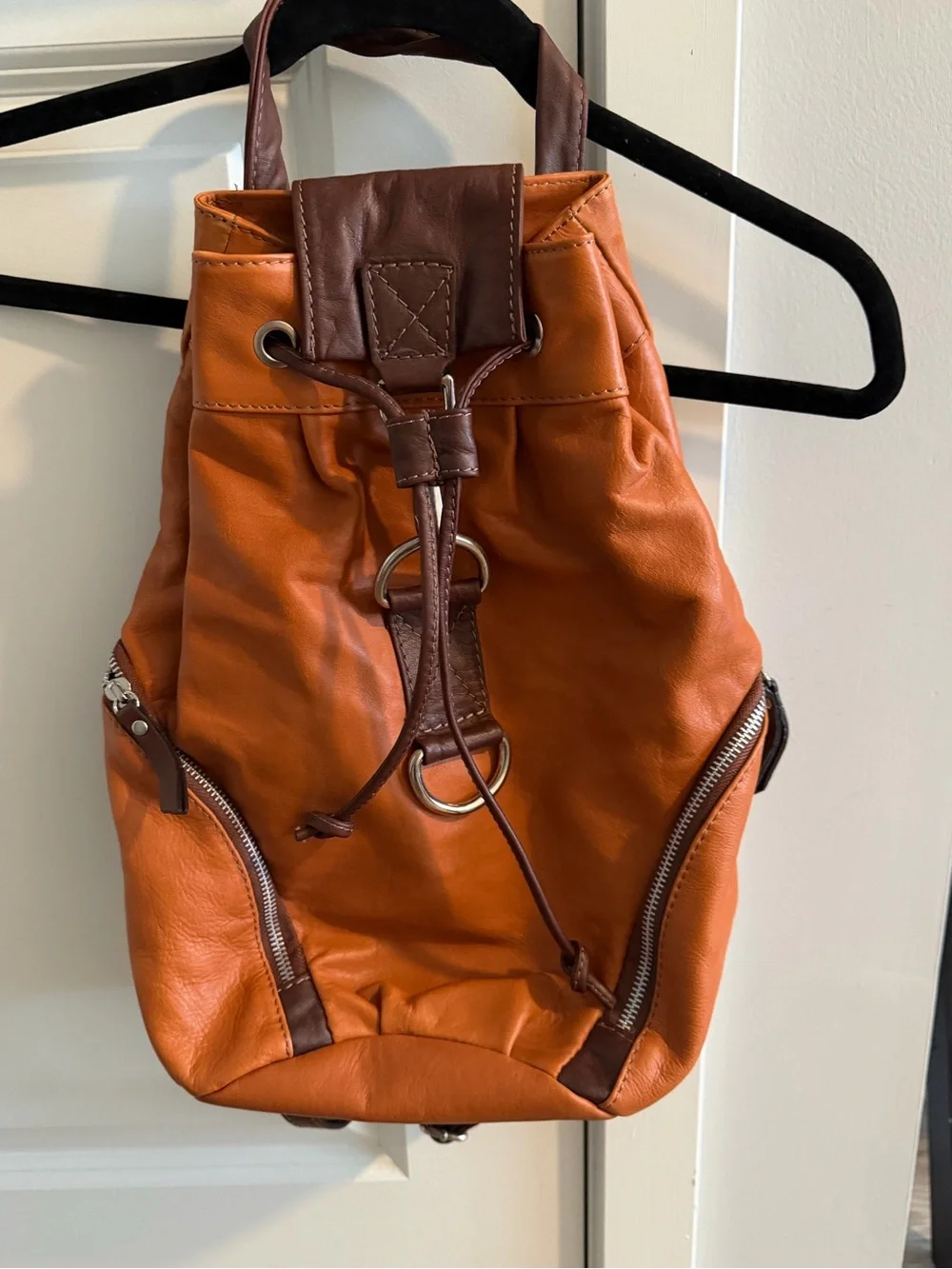 NEVER USED Italian Leather Drawstring Backpack - Cognac Brown